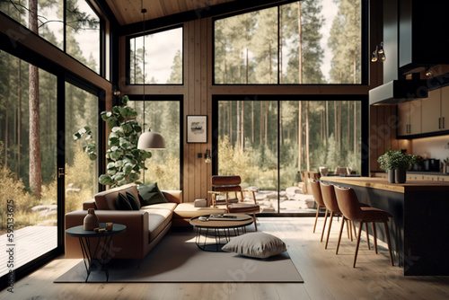 Interior of a house in the forest AI