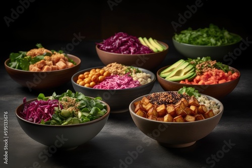 colorful assortment of food-filled bowls arranged together. Generative AI