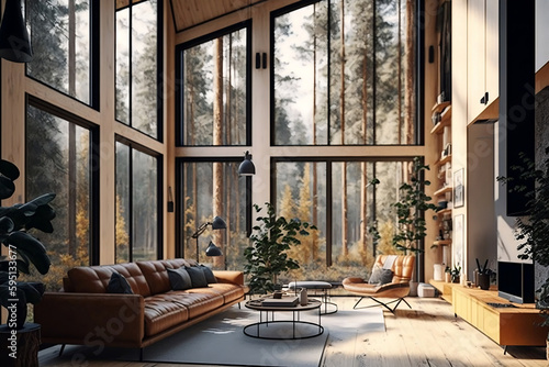 Interior of a house in the forest AI