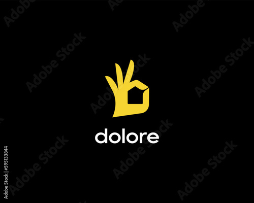 Hand and house logo design. Ok sign. Home real estate building logotype. Vector illustration.