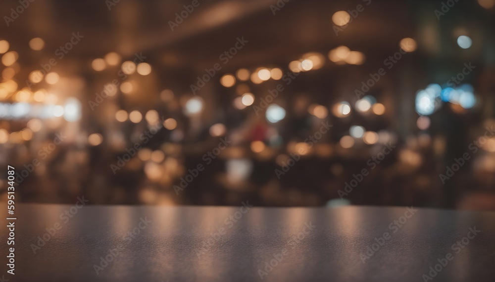 Empty wooden bar table with blurred background, beautiful shelves in bokeh style with bottles of alcohol in the background. Can be used for mounting or demonstrating your products. Bar concept. Ai