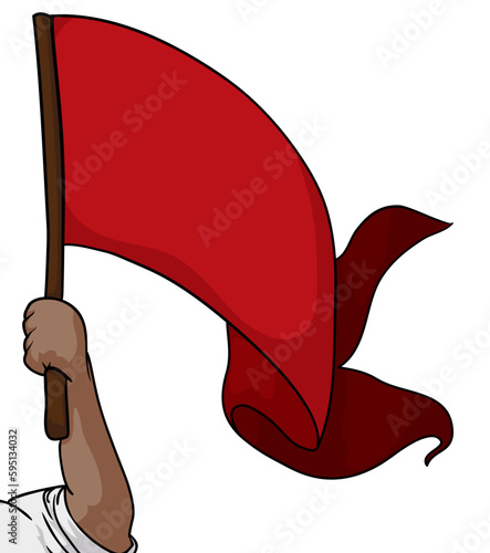 Dark-skinned arm holding a wooden stick with long waving cloth, Vector illustration