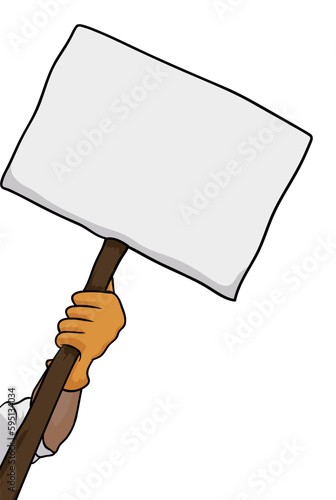 Dark skinned hand with work glove holding an empty placard, Vector illustration