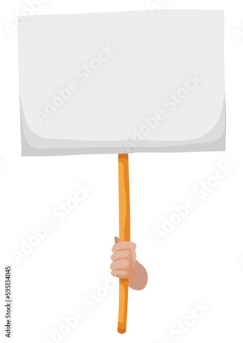 Blank placard with golden handle held by a hand, Vector illustration