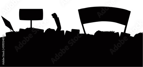 Silhouette of crowd marching and protesting with banners and placards, Vector illustration