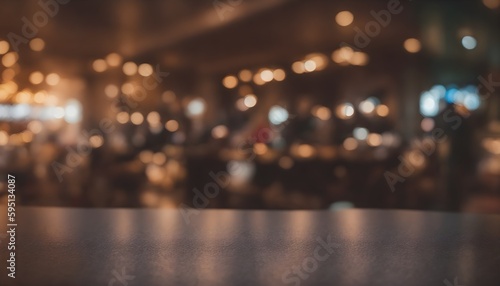 Empty wooden bar table with blurred background, beautiful shelves in bokeh style with bottles of alcohol in the background. Can be used for mounting or demonstrating your products. Bar concept. Ai © 360VP