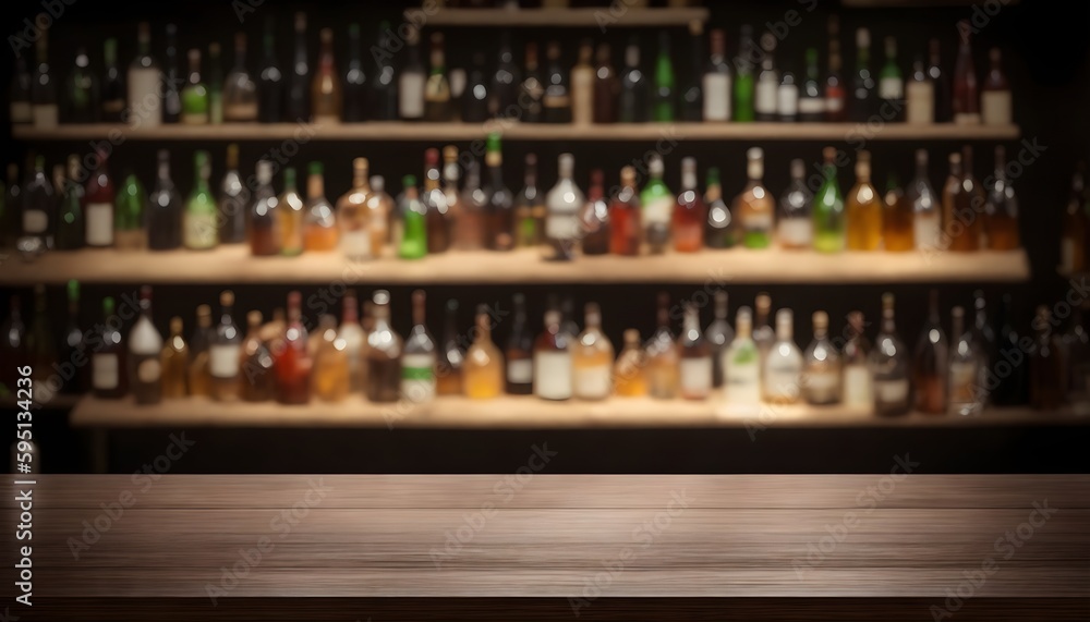 Empty wooden bar table with blurred background, beautiful shelves in bokeh style with bottles of alcohol in the background. Can be used for mounting or demonstrating your products. Bar concept. Ai