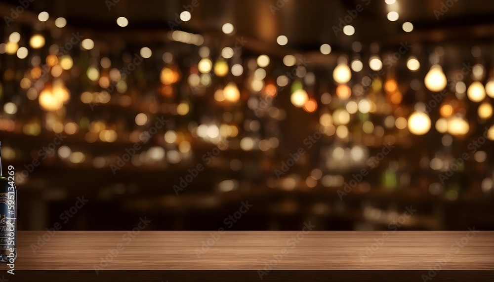 Empty wooden bar table with blurred background, beautiful shelves in bokeh style with bottles of alcohol in the background. Can be used for mounting or demonstrating your products. Bar concept. Ai Empty wooden bar table with blurred background, beautiful shelves in bokeh style with bottles of alcohol in the background. Can be used for mounting or demonstrating your products. Bar concept. Ai