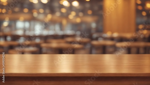 Empty wooden bar table with blurred background  beautiful shelves in bokeh style with bottles of alcohol in the background. Can be used for mounting or demonstrating your products. Bar concept. Ai