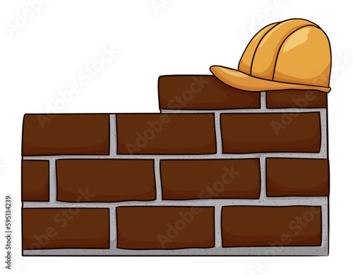 Wall with bricks and hard hat on it in cartoon style, Vector illustration