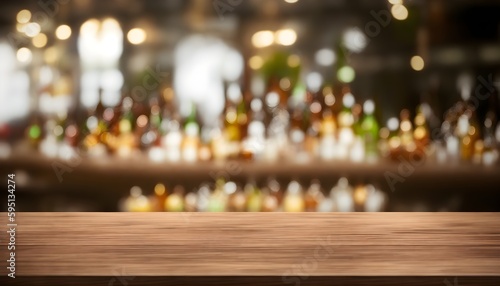 Empty wooden bar table with blurred background, beautiful shelves in bokeh style with bottles of alcohol in the background. Can be used for mounting or demonstrating your products. Bar concept. Ai