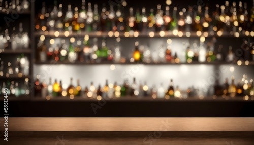 Empty wooden bar table with blurred background, beautiful shelves in bokeh style with bottles of alcohol in the background. Can be used for mounting or demonstrating your products. Bar concept. Ai