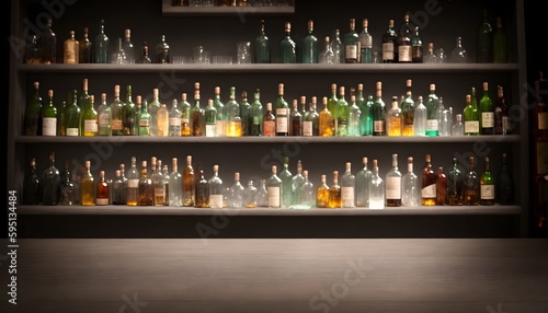 Empty wooden bar table with blurred background  beautiful shelves in bokeh style with bottles of alcohol in the background. Can be used for mounting or demonstrating your products. Bar concept. Ai