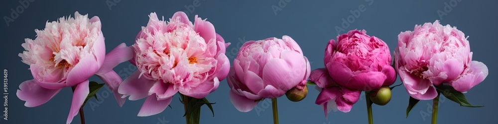 Row of beautiful pink peonies isolated on blue background, studio shot, horizontal narrow generative ai floral banner