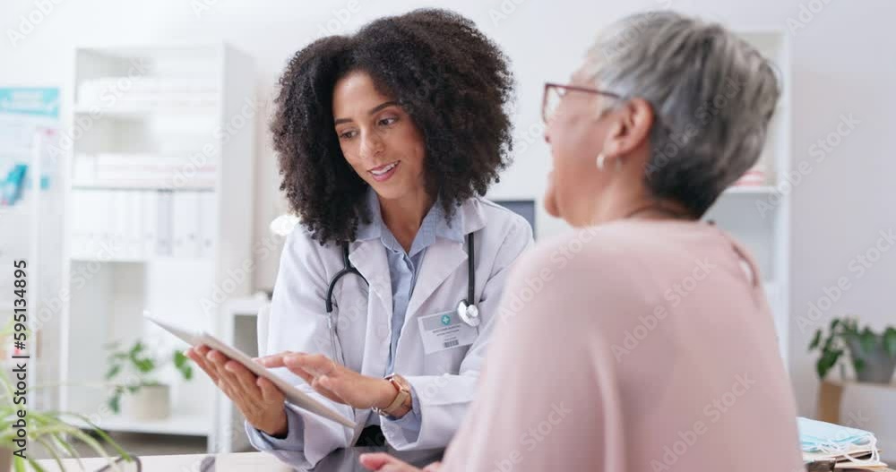 Tablet, check up and doctor with senior woman in clinic for results, life insurance and medical report. Healthcare, technology and medicine with happy female patient for discussion, treatment or help