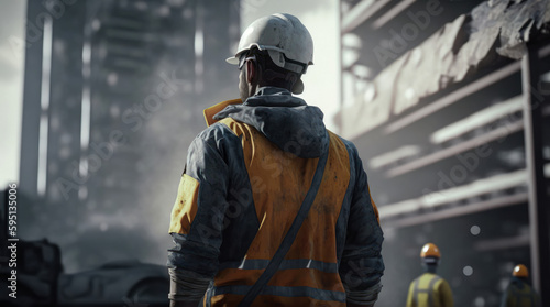 A worker in a safety vest stands in front of a building under construction. A contractor is supervising the construction. Generative AI