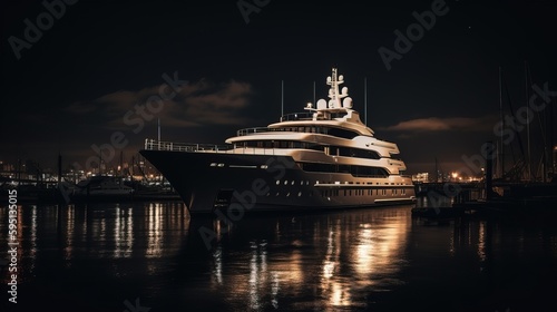 Superyacht on the water at night. Large and luxurious pleasure vessel. Generative AI.