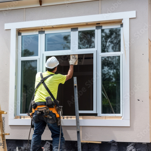 A construction worker is installing a window on a home remodel. A construction worker is working on a house that is being built. Generative AI