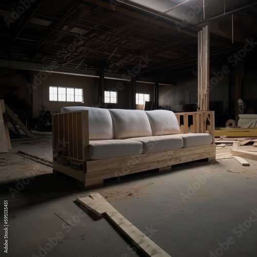Couch frame halfway constructed with cushions in carpentry warehouse. A wooden sofa in a workshop. Generative AI