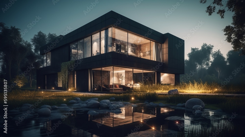 Modern house with a pool at night. AI generated