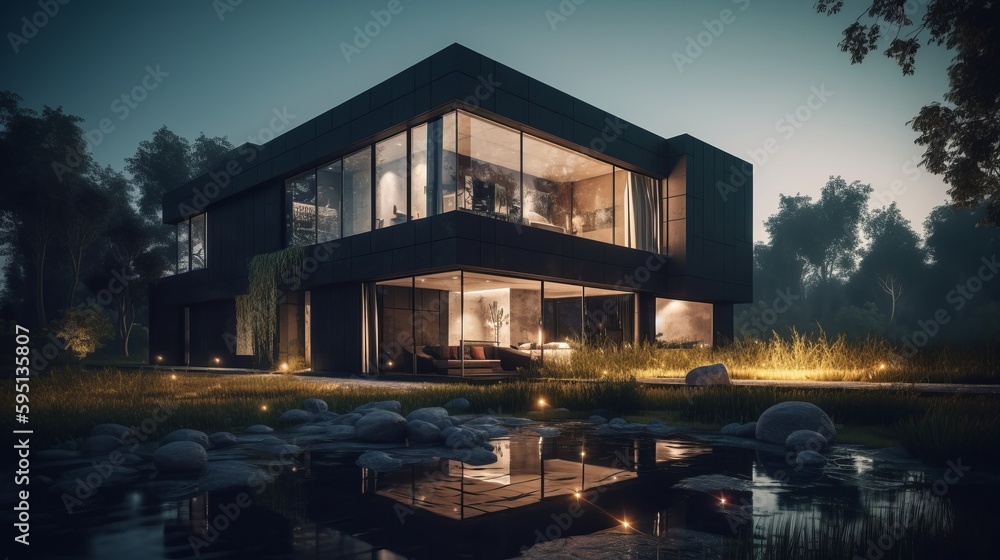 Modern house with a pool at night. AI generated Modern house with a pool at night. AI generated
