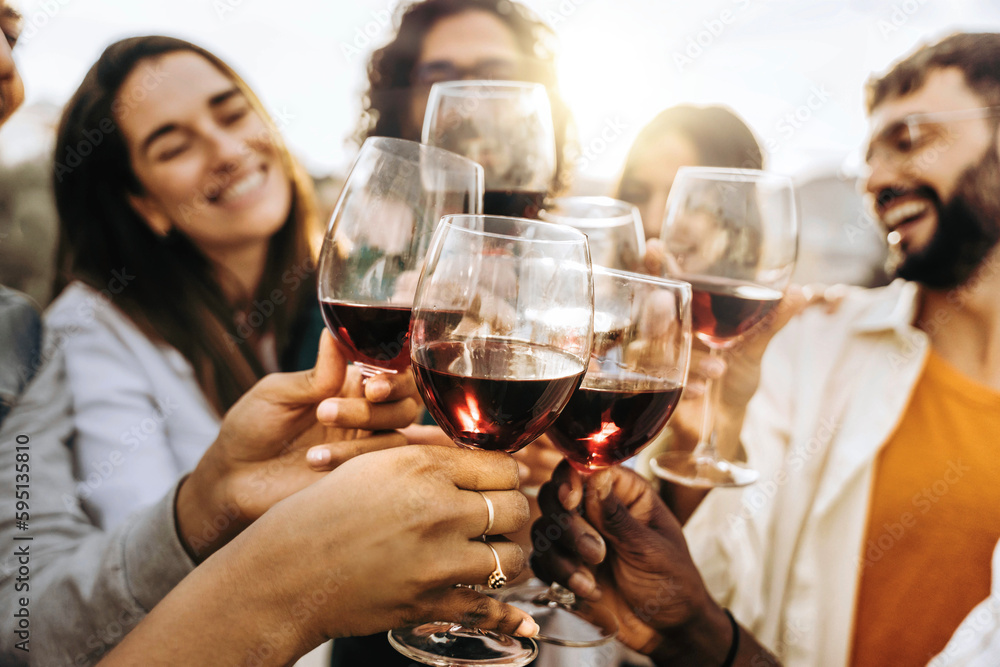 Young people toasting red wine glasses at farm house vineyard countryside - Happy friends enjoying happy hour at winery bar restaurant  - obrazy, fototapety, plakaty 