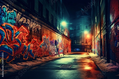 alley in a city with graffiti on the walls created with Generative AI technology