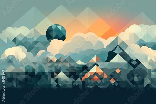 mountains and clouds in the sky in the style of organic forms blending with geometric shapes