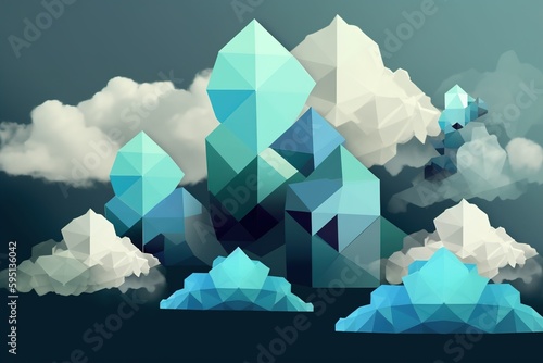 mountains and clouds in the sky in the style of organic forms blending with geometric shapes