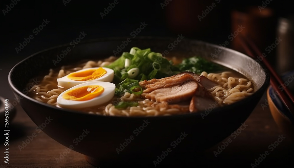 Gourmet ramen noodles with pork and vegetables generated by AI