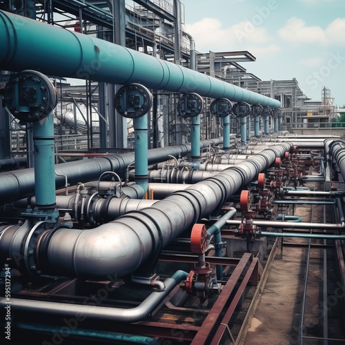 Pipes and valves pump chemicals into each compartment of a chemical plant. generative ai