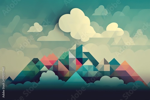 mountains and clouds in the style of abstract geometric forms