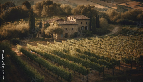 Vineyard landscape, tranquil sunset, rustic winemaking culture generated by AI