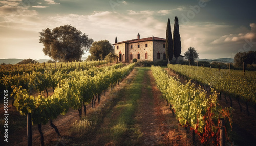 Rustic winery in Chianti region, tranquil sunset generated by AI