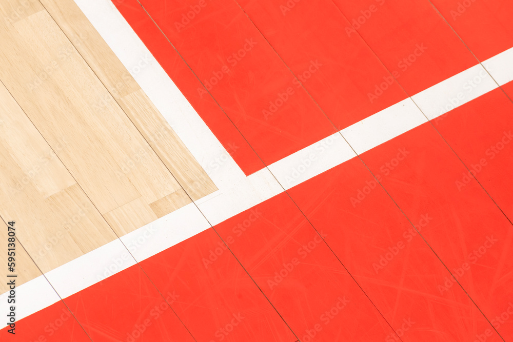 Wooden floor volleyball, basketball, badminton, futsal, handball court. Wooden floor of sports hall with marking lines line on wooden floor indoor, gym court