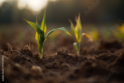 A stunning close-up of ripe corn growing in a lush field of farmland, showcasing the beauty of agricultural cultivation and the bounty of nature's harvest. Corn growing in fresh soil. Generative AI.