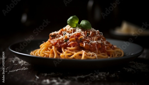 Freshly cooked pasta with bolognese sauce and parmesan generated by AI