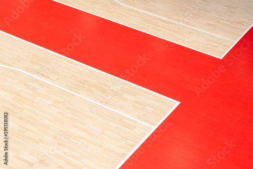 Wooden floor volleyball, basketball, badminton, futsal, handball court. Wooden floor of sports hall with marking lines line on wooden floor indoor, gym court