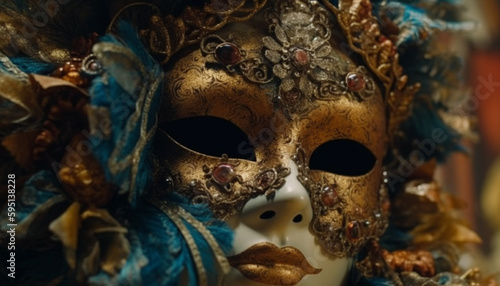 Ornate gold mask disguises beauty in Italian celebration generated by AI