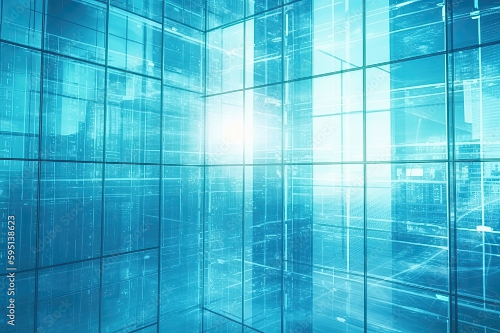 blue glass wall with a central bright light source. Generative AI blue glass wall with a central bright light source. Generative AI