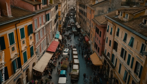 crowd walks narrow streets of old town generated by AI