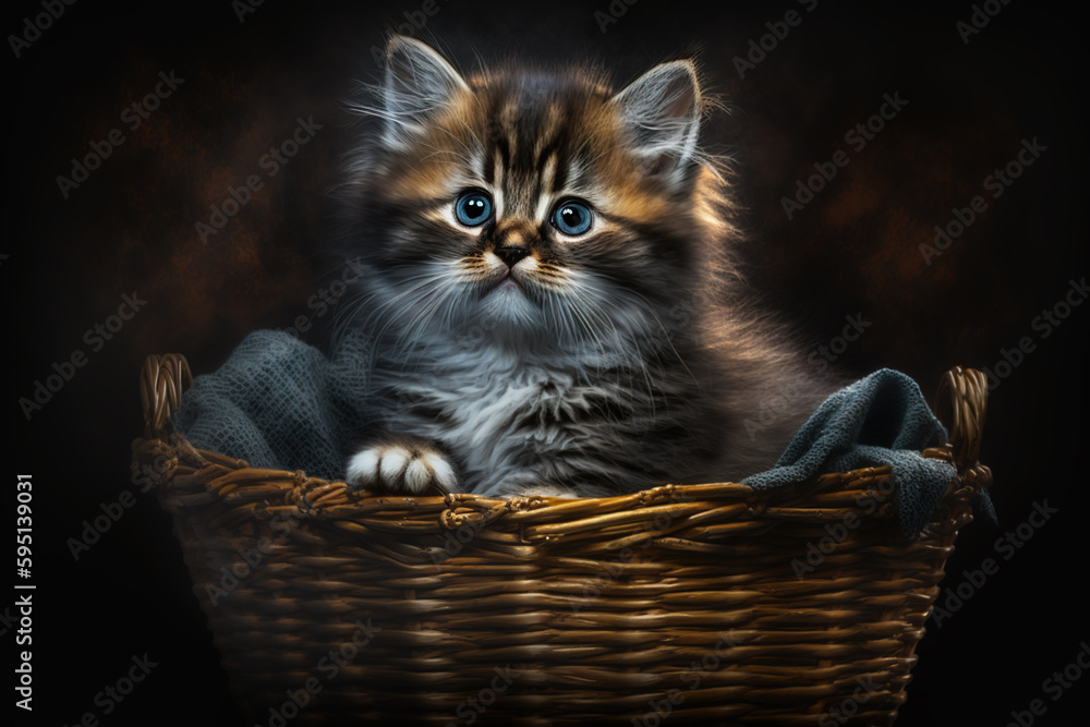 Generative AI. A fluffy tabby kitten is sitting in a wicker basket.