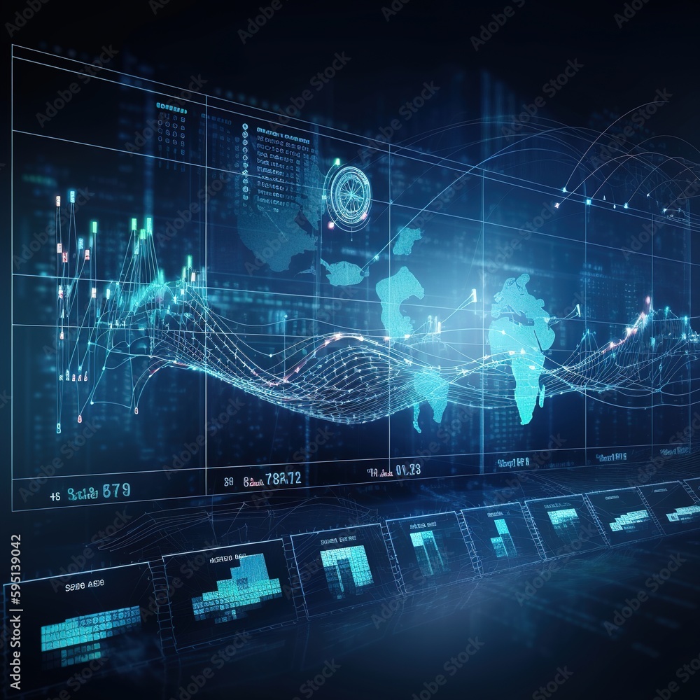Business analysis big data screen and economic growth with financial graph. Concept of virtual dashboard technology digital marketing and global economy network connection. generative ai
