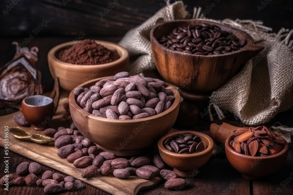 Fototapeta premium rustic wooden table adorned with bowls of colorful beans. Generative AI