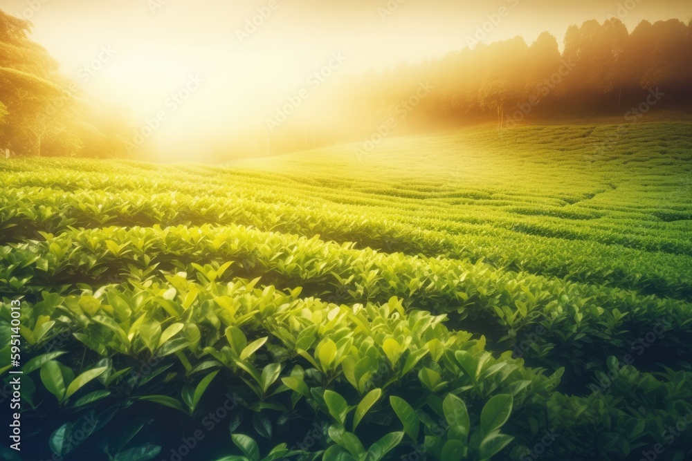 serene landscape with a verdant meadow and towering trees in the distance. Generative AI serene landscape with a verdant meadow and towering trees in the distance. Generative AI