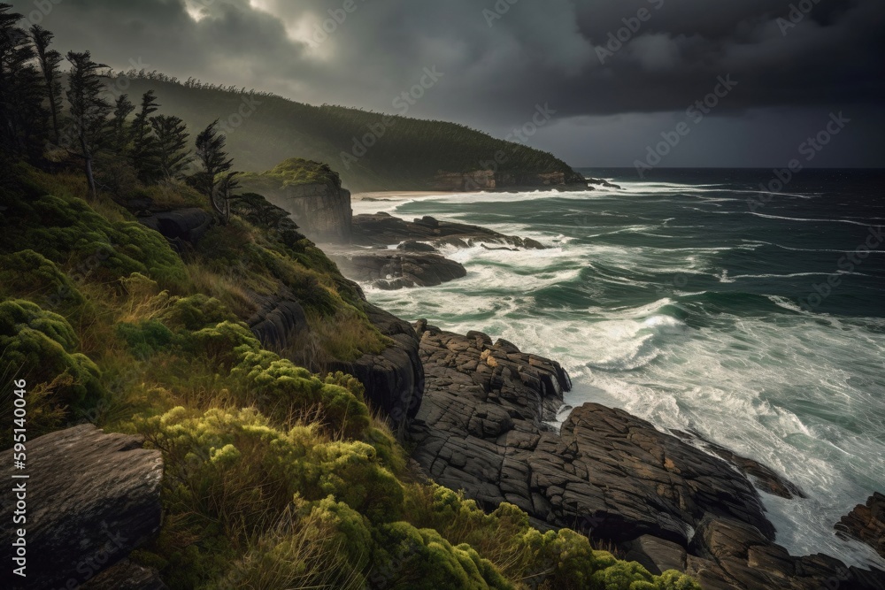 Obraz premium foamy waves on the stony shore in front of the forest created with Generative AI technology