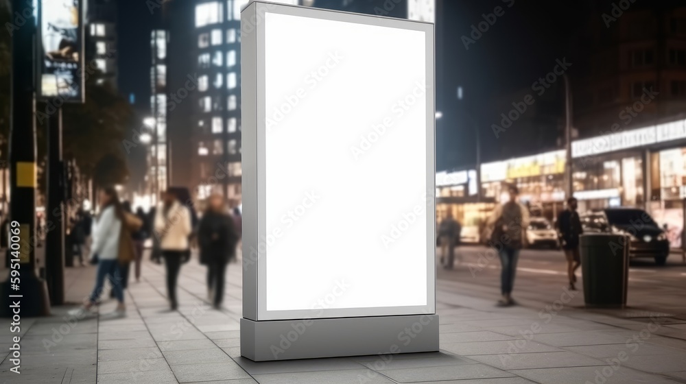 Media Blank white mock up of advertising light box billboard at city background, people walk on street. Generative AI