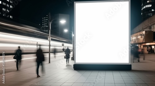 Media Blank white mock up of advertising light box billboard at city background  people walk on street. Generative AI