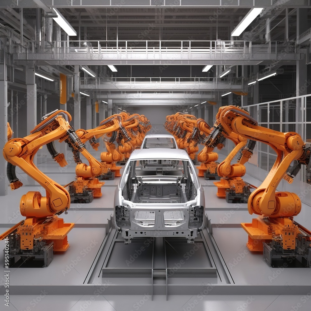 Automotive industry with assembly line conveyors. Advance modern high ...