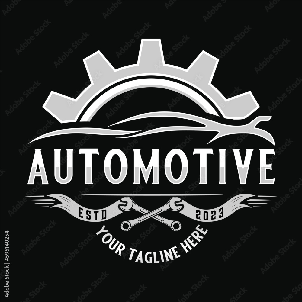 automotive logo design. abstract car in gear frame, with wrench and spark plug symbols, for car repair shop
